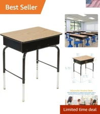 Spacious Class Desk with Metal Storage Book Box - Adjustable Height, Oak Finish