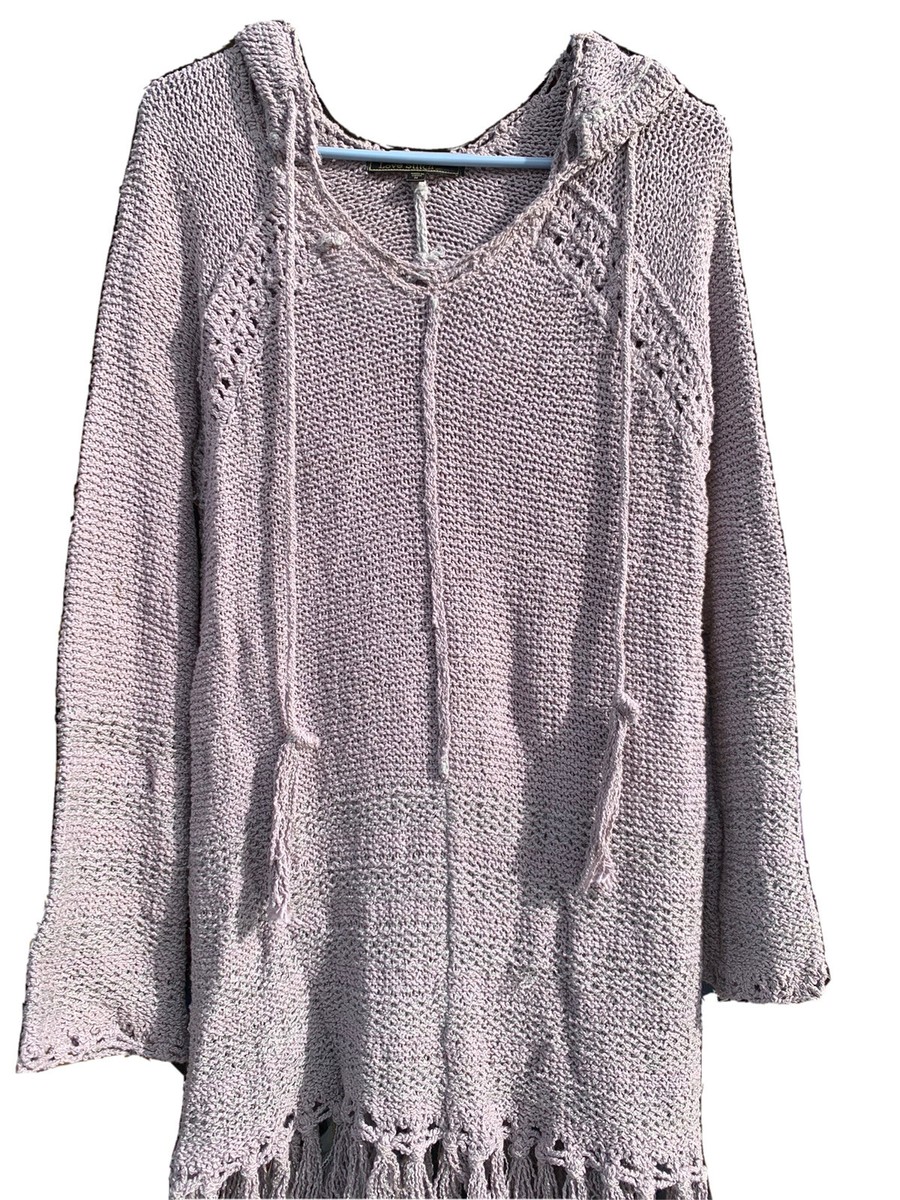 Love Stitch Sweater Women M Lavender Cotton Weave Fringe Boho