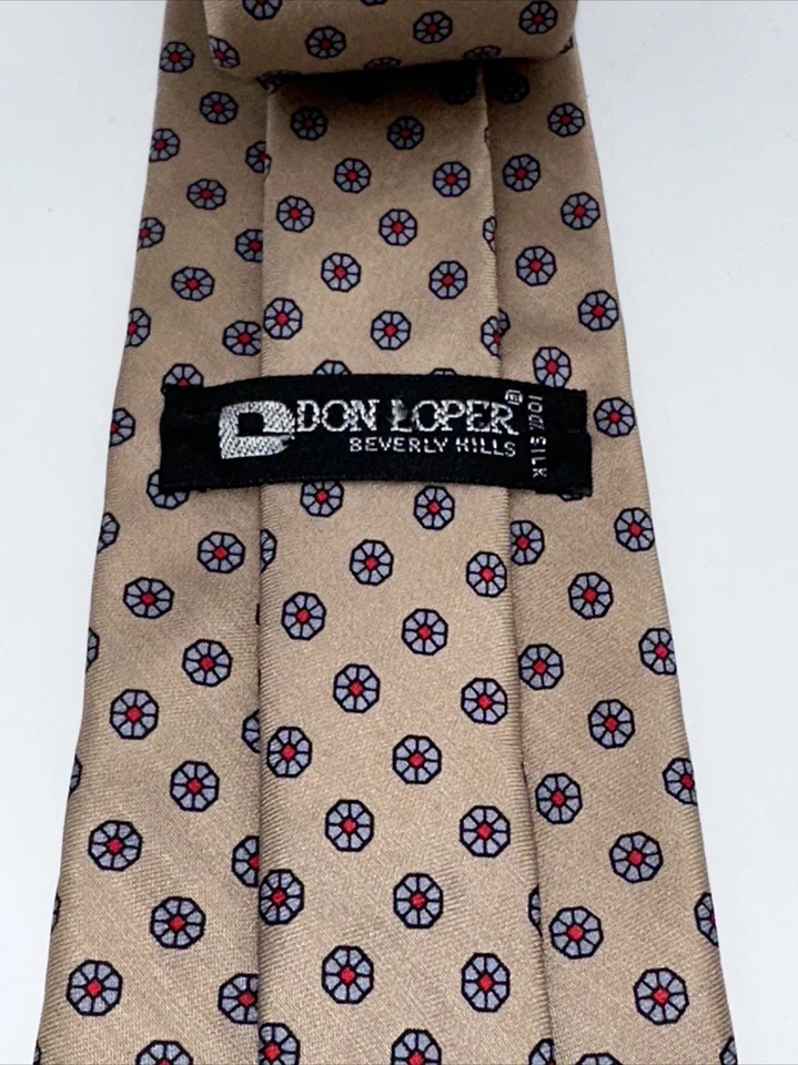 Corbata de cuello vintage DON LOPER Beverly Hills beige con lunares de flores azules Foto 2 de 4