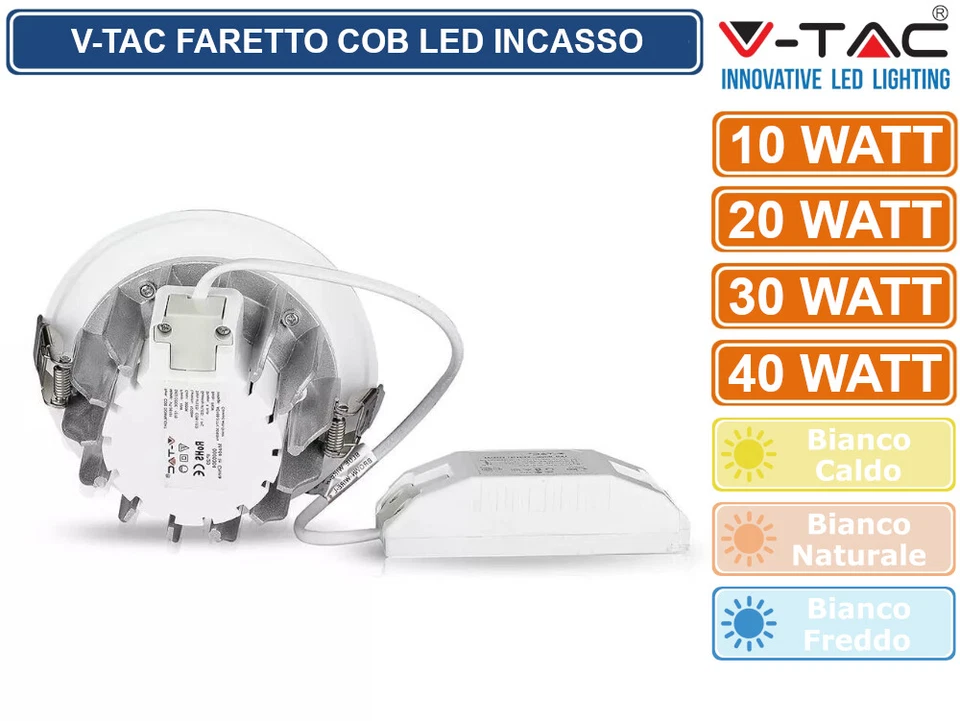V-TAC FARO FARETTO COB LED DA INCASSO ROTONDO BIANCO 10W 20W 30W 40W LED DRIVER - Immagine 4 di 4