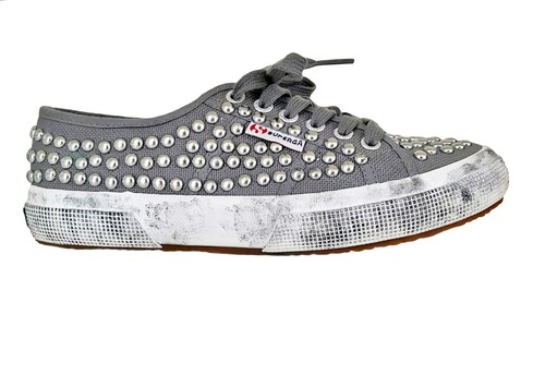 SUPERGA in tela grigio con borchie d'argento, GRUNGE NERO Smudged suola,  Taglia 39 | eBay
