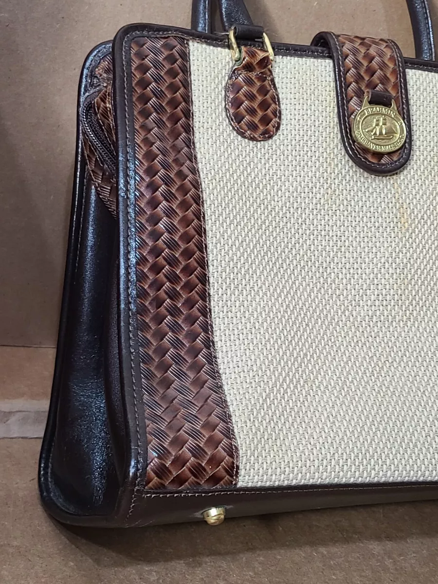 BRAHMIN Harbour Collection Doctor Bag Satchel Brown Burlap Woven Leather