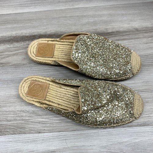 Tory Burch Max Gold Glitter Mule Slide Jute Espadrille Mules Cap Toe Womens 7M - Picture 13 of 13