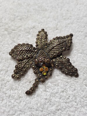 Gold tone / Brass Orchid Flower w/ Amber Stone Color 2 3/4''