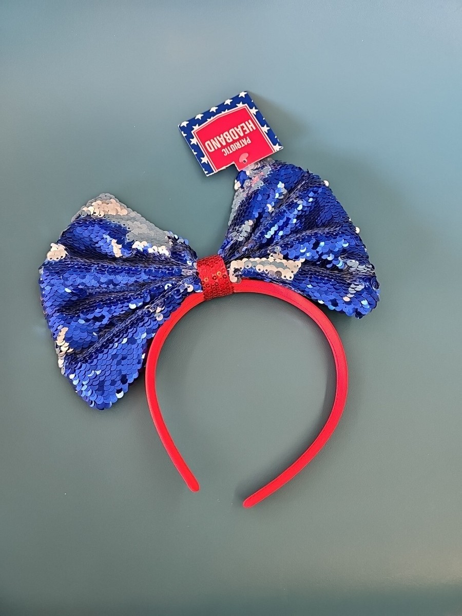 201. NEW The Patriotic Bow Sequin Crystal Headband Headband with Large Sequin Bow Red White Blue Patriotic USA  main image 2
