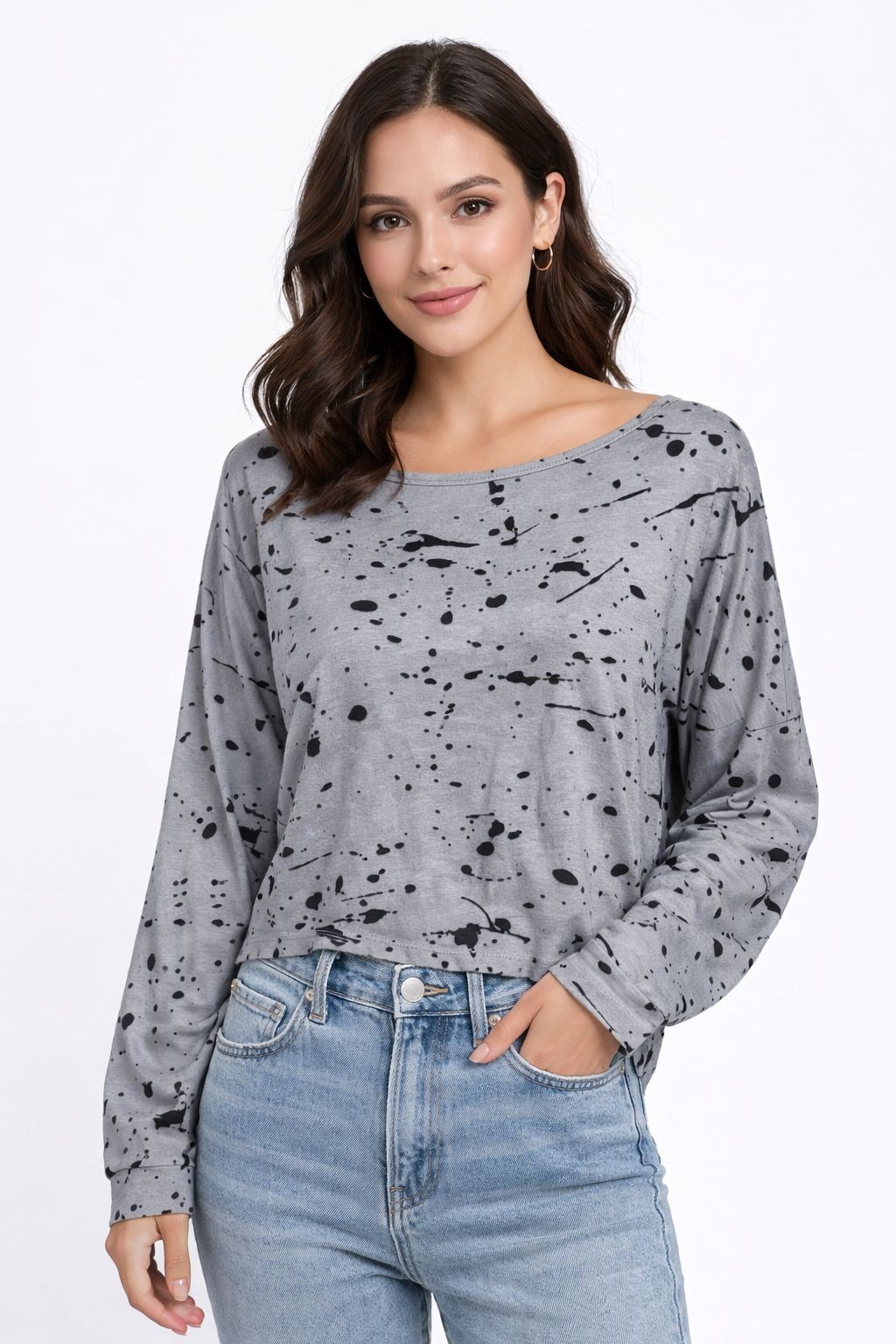 SHEIN Womens Gray Paint Splatter Top Size US 6 Long Sleeve Stretch Casual