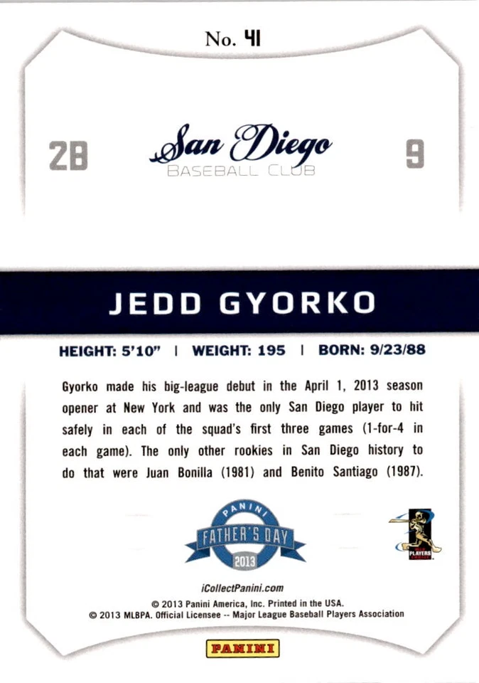 2013 Panini Father's Day #41 Jedd Gyorko #/499 San Diego Padres - Image 2 of 2
