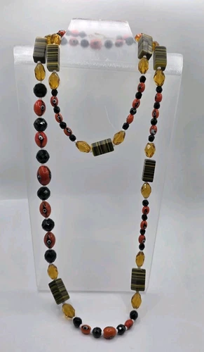 VETEMENTS Collana con perline in vetro occhio che vede colori vivaci grossi lunghi 40" giallo arancio