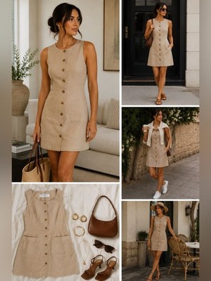 Sleeveless Button-Front Linen Blend Mini Dress in Beige