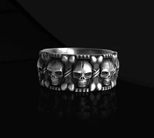 Gothic Skull Band Ring 925 Sterling Silver Handcrafted Oxidized Ring Duty Free