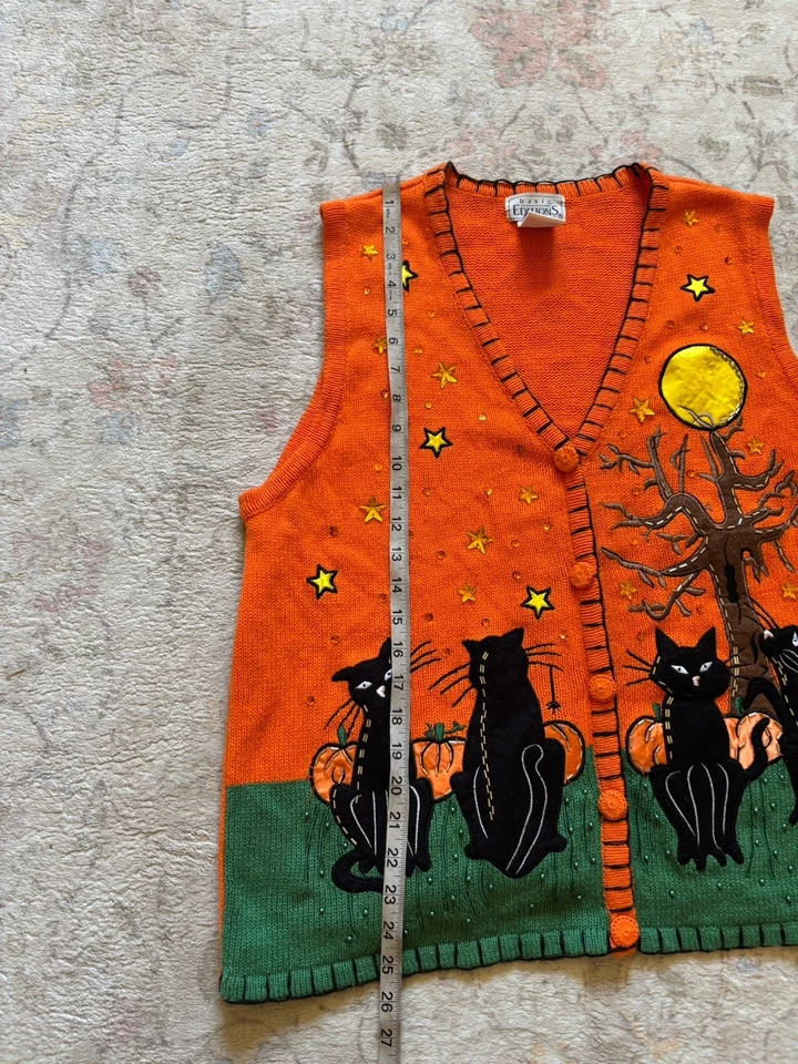 Chaleco Suéter Vintage Halloween Ediciones Básicas Mujer’s XL Negro Gato Calabaza Usado en Excelente Condición Foto 3 de 3