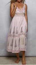 POL Midi Boho embroidery Dress smocked delicate waistband V-neck L