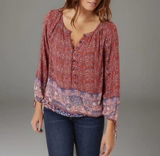 LUCKY BRAND Blouse Womens 1X-Large Pink & Red Tapestry Henley Peasant Boho Top