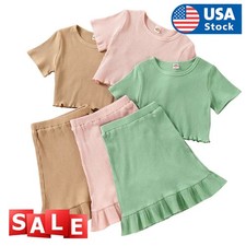 Toddler Infant Girl Short Sleeve Top Mid Long Skirt Summer 2PCS Solid Outfit Set