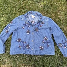 Vintage Floral Embroidered Denim Jacket Size Petite Large