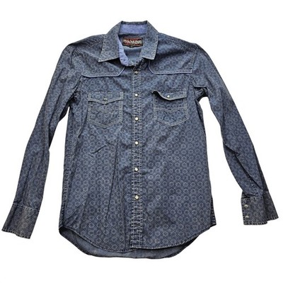 Rock and Roll Cowboy Mens Blue Geometric Medallion Western Pearl Snap Shirt S