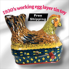 1930's Yellow  Blue Chicken/Hen Laying Eggs Wind Up Tin Toy - Baldwin Mfg. EGG