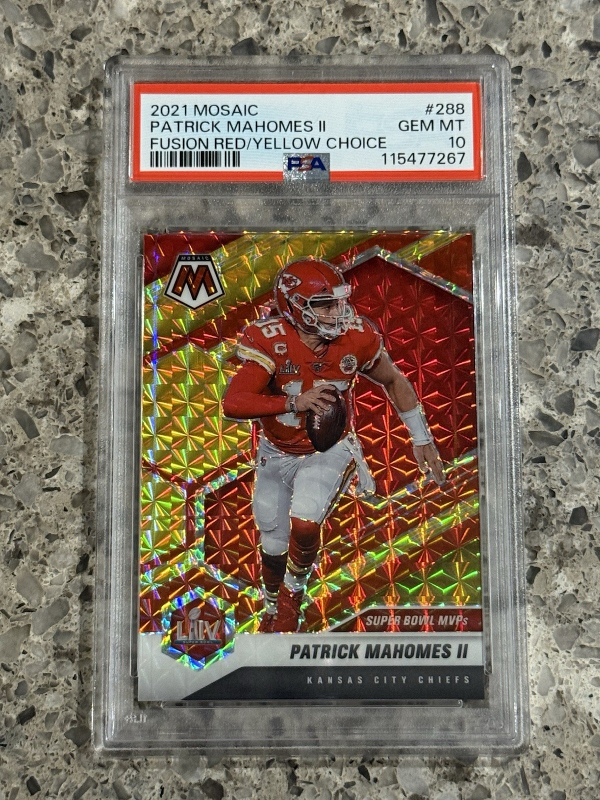 Patrick Mahomes 2021 Mosaic Fusion Red Yellow Choice Prizm #’d/80 PSA 10 GEM MT