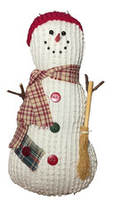 Rustic   Snowman D cor EUC Knit Fabric Red Hat Plaid Scarf Straw Broom Display