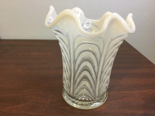 Scarce Antique Fenton Boggy Bayou White Opalescent Squat 6" Vase ~ Circa 1910