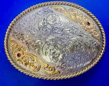 Ruby Accented Floral Themed Sterling Plated Montana Silversmiths Belt Buckle