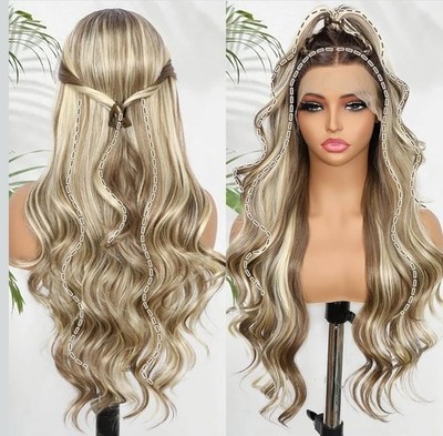 Light Blonde Ombre Wig HD Front Lace Human Hair Highlights  Wavy Curly Natural