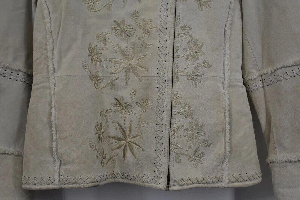 Bisou Bisou Women Floral Embroidered Slit Sleeve Fur Full Zip Leather Jacket L - Image 4 of 4