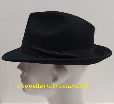 Chapeau En Feutre De Laine Fedora Noir À Tesa Moyenne Fabriqué En Italie - Photo 1/4