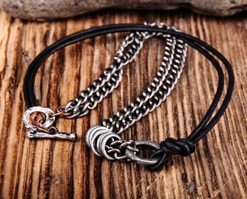 JN246 Negro Cuero Genuino y Aleación Sólida Cadena de Metal Collar Largo Para Hombre Roca - Imagen 2 de 7