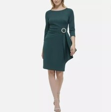 Eliza J Embellished-Side-Buckle Scuba Crepe Dress Hunter Green Size 6 $138