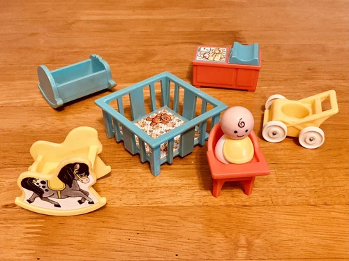Vntg Fisher Price Little People #761 Nursery Set & Baby-TURQUOISE PLAYPEN-1977