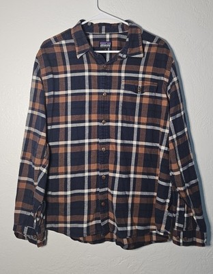 Patagonia Fjord Flannel Men's Large Brown Black Plaid Button Up Organic Cotton 