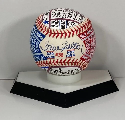 Steve Carlton Signed ONL Baseball, VCBC SuperStats, Hand Painted, JSA, HOF Phils