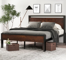 14 Inch Full Size Metal Platform Bed Frame with Wooden Headboard and Footboard,