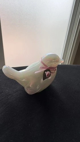 Vintage Fenton Opalescent Glass Bird Figure Bow and Pink Flower