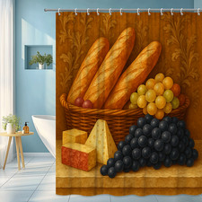 Rustic Farmhouse Shower Curtain with Baguettes, Cheese, and Grapes