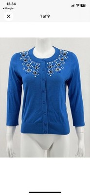 KATE SPADE, Women s Azure Blue Arcadia Beaded Cardigan, Sz L.