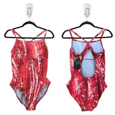 Nike Women L One Piece Swimsuit Red Crossback Splatter Keyhole Monokini NEW