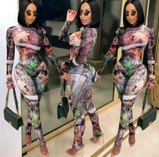 Womens Stylish Long Sleeves Multicolor Print Patchwork Bodycon Jumpsuit 2pcs XXL