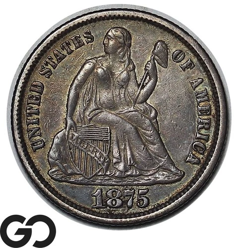 1875-CC Seated Liberty Dime, MM above Bow, Choice Unc Better Date Carson City!