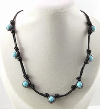 UNO de 50 Silver Tone Blue Stone Station Brown Leather Necklace 16 - 18"