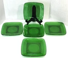 5 Anchor Hocking Forest Green Charm Glass Square Lunch Salad Plates 8 1/4” Wide