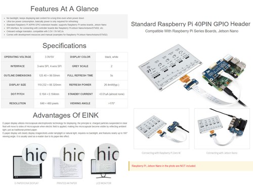 Waveshare 5.83" E-Paper Display HAT For Raspberry Pi 648×480 Black/White SPI - Picture 9 of 10