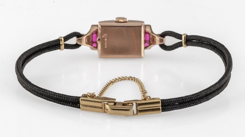 Gruen 14k Rose Gold Precision Watch w/ Ruby and Aftermarket Cord Strap - Picture 6 of 7