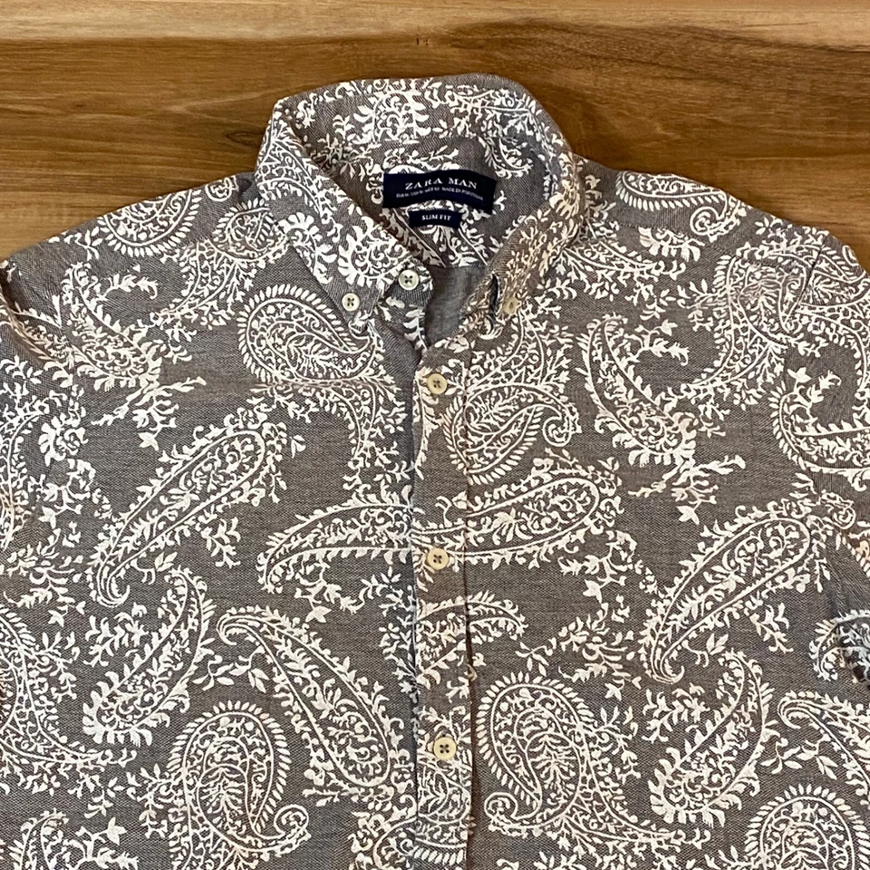 Zara Shirt Mens Medium Slim Fit Gray Paisley Print Cotton Button Down Short Slee Foto 2 de 4