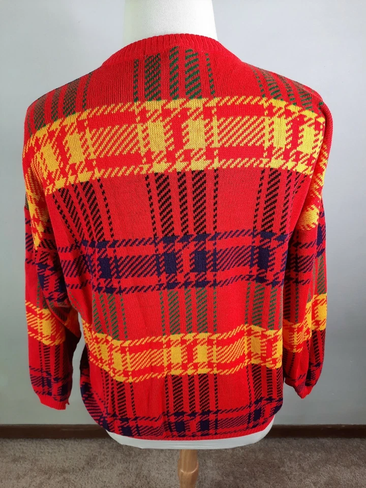 Suéter a Cuadros Vintage Años 80 Cuadrado Rojo Brillante Para Mujer Cuello Redondo S6C Grande Foto 2 de 4
