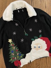 Vtg Over The Top Crazy Busy Ugly Christmas Zip Santa Sweater Fur Collar XL XXL