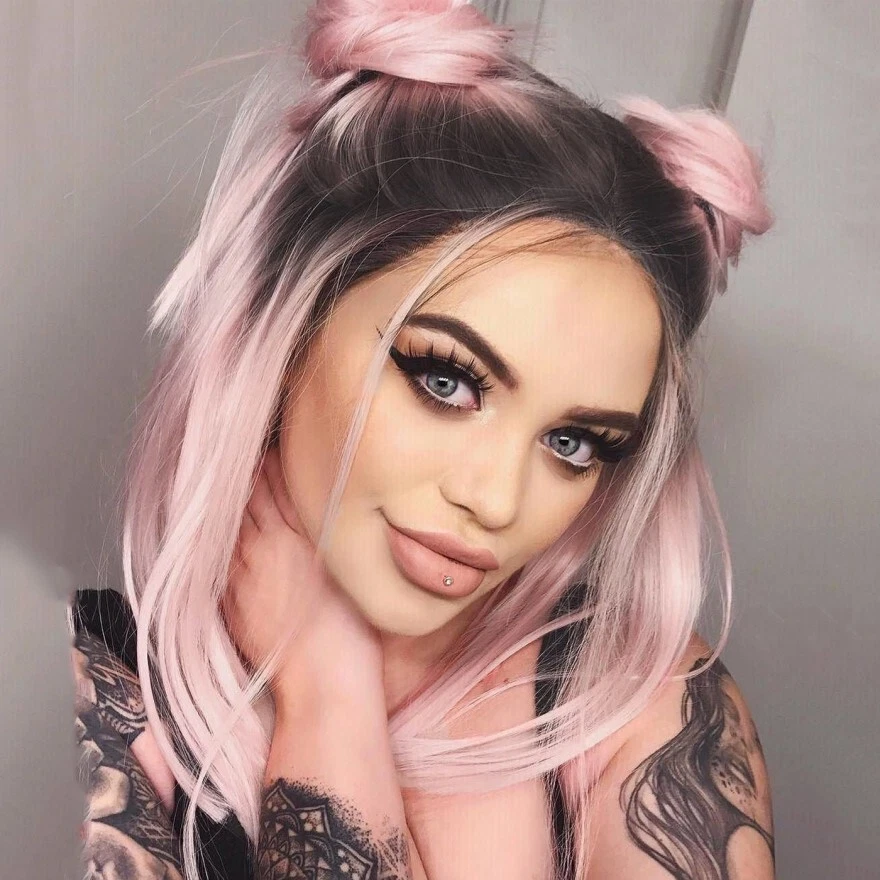 Ombre Pink Synthetic Wig with Dark Roots Short Bob Wigs for Women
