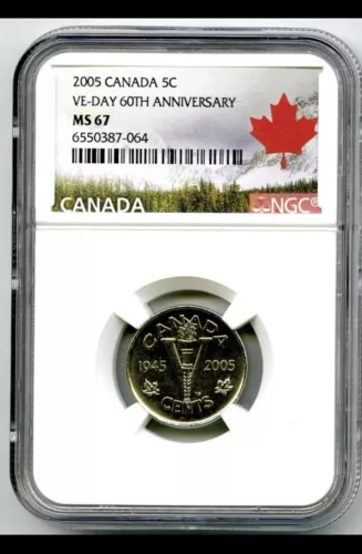 2005 CANADA 5 CENT NGC MS67 VE-DAY 60TH ANNIVERSARY VICTORY V NICKEL WWII ++
