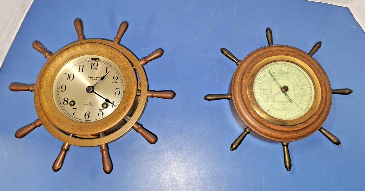 Antique Brass Chelsea Ships Bells Clock &Barometer Riggs